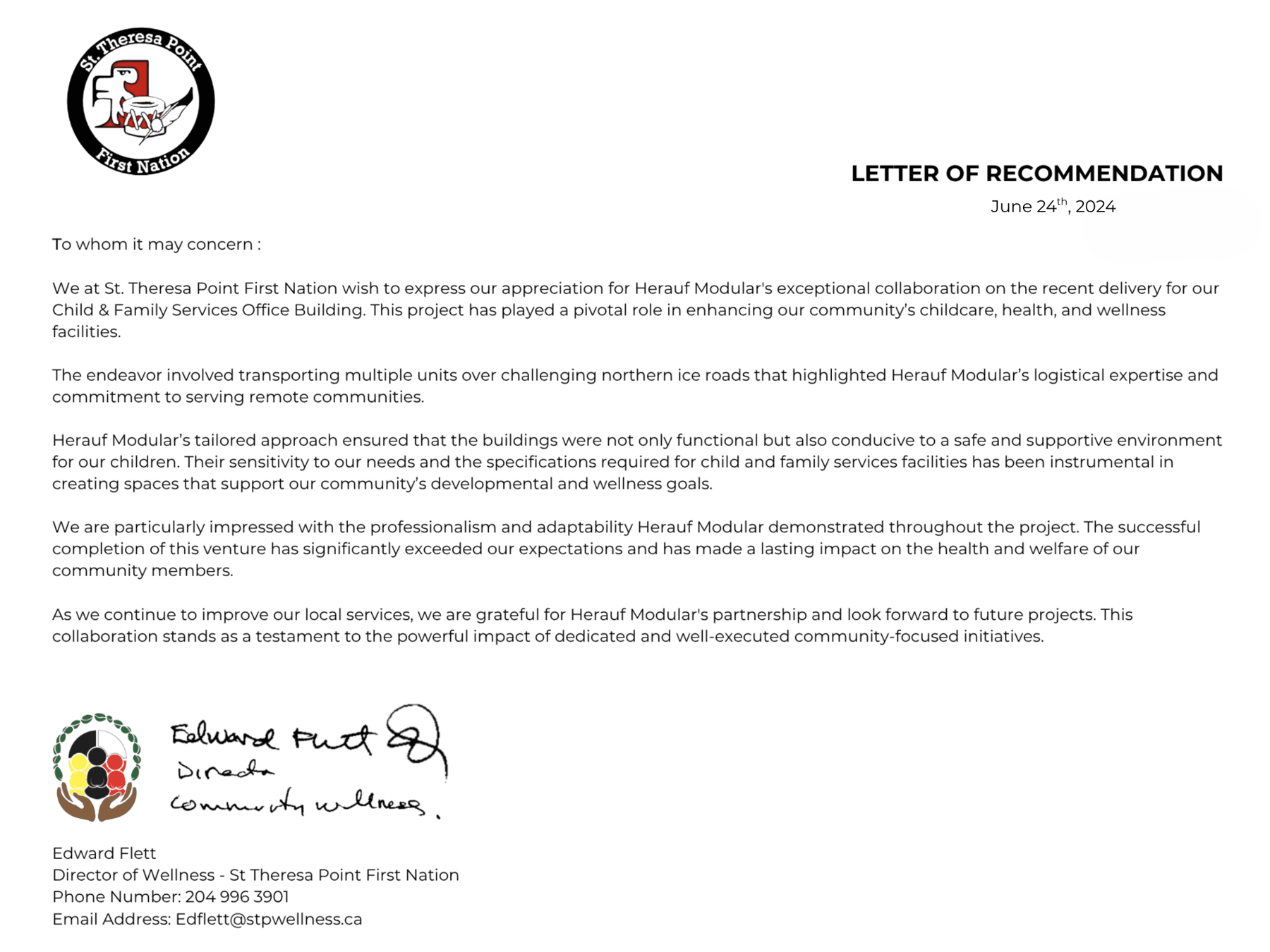 Signed reference letter from St. Theresa Point for Herauf Modular