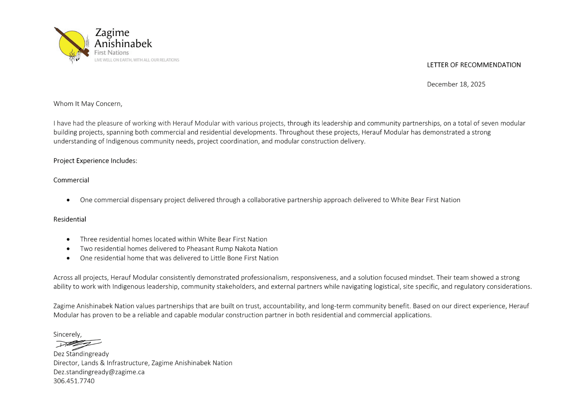 Signed reference letter from Zagime Anishinabek for Herauf Modular