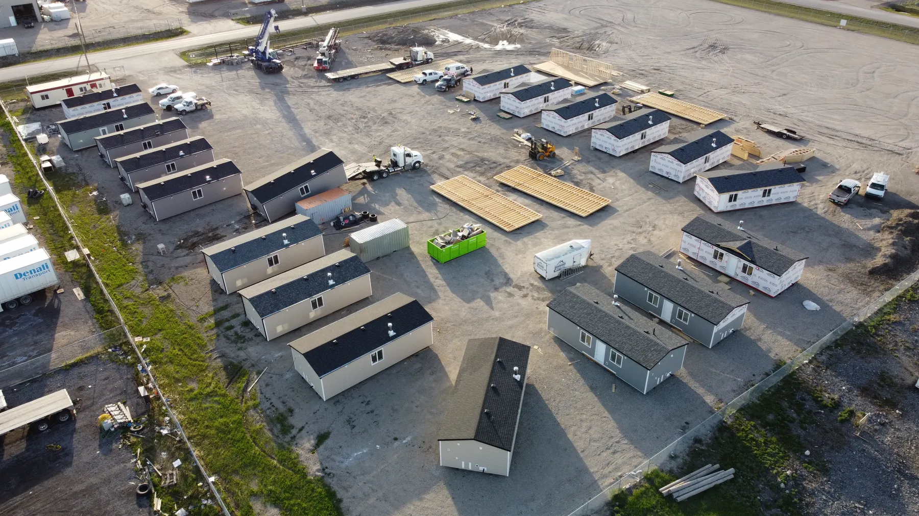 Aerial view of Herauf modular units staged in the yard